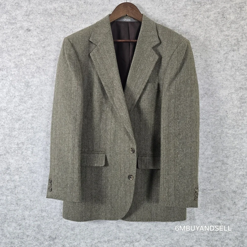 Haggar Mens‎ 42R Wool Herringbone Blazer Sport Coat Olive Brown Vintage